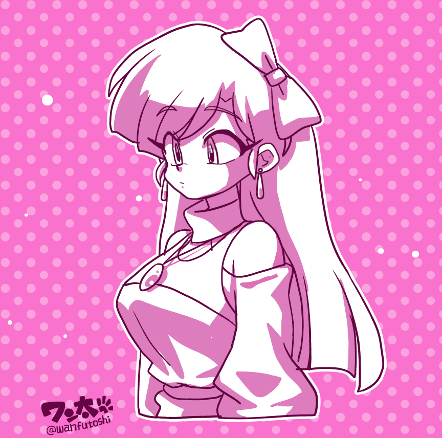 wanta (futoshi), kuonji ukyou, ranma 1/2, 1girl, artist name, bare shoulders, bow, breasts, closed mouth, earrings, expressionless, hair bow, jewelry, large breasts, long hair, monochrome, off shoulder, pendant, polka dot, polka dot background, signature, solo, straight hair