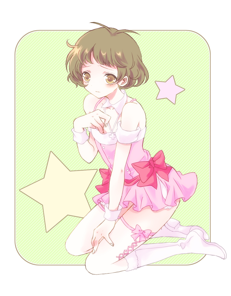 kanai (mahoro), akizuki ryo, idolmaster, idolmaster dearly stars, bad id, bad pixiv id, highres, 00s, 1boy, antenna hair, blush, boots, brown eyes, brown hair, closed mouth, collarbone, crossdressing, crossdressing (mtf), cute & girly (idolmaster), dress, green background, kneeling, looking at viewer, male focus, off-shoulder dress, off shoulder, pink dress, pink ribbon, ribbon, short hair, shota, simple background, solo, star (symbol), striped background, swept bangs, thighhighs, trap, white background, white boots, white thighhighs, white wrist cuffs, wrist cuffs