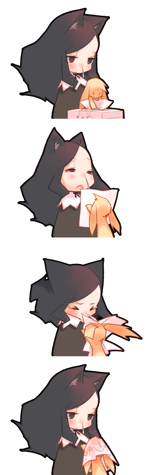 0123456789, original, highres, long image, tall image, 1other, 4koma, animal ears, black hair, cat ears, closed eyes, comic, dog, fang, forehead, silent comic, sneezing
