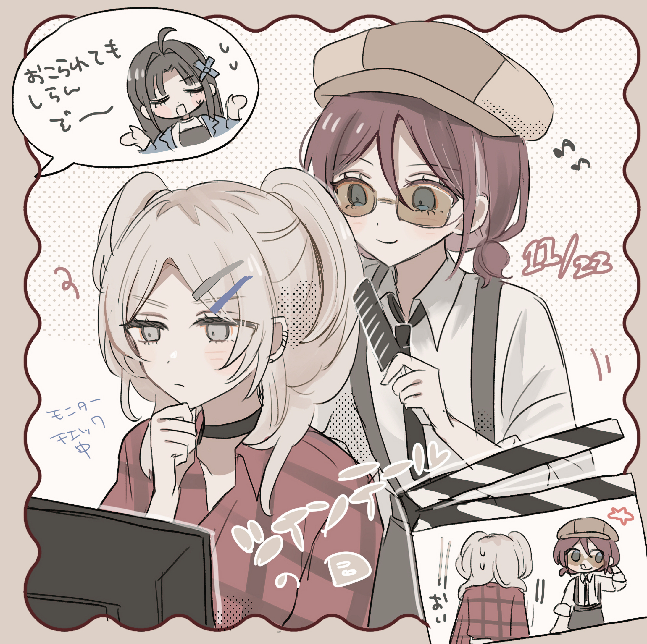 hamchan69, awa subaru, iseri nina, kawaragi momoka, girls band cry, commentary, highres, translation request, 3girls, black choker, black hair, black necktie, black skirt, blue eyes, choker, closed eyes, collared shirt, comb, eighth note, grey eyes, grey hair, holding, holding comb, long hair, multicolored hair, multiple girls, musical note, necktie, open mouth, red hair, red shirt, roots (hair), shirt, short twintails, skirt, smile, speech bubble, sunglasses, suspender skirt, suspenders, sweat, tongue, tongue out, twintails, two side up, white shirt