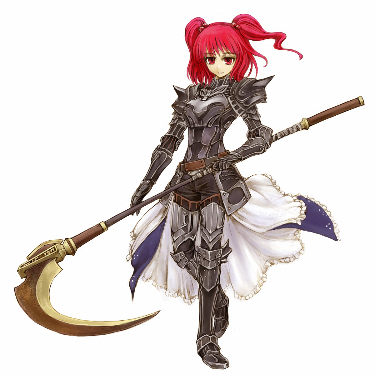 cervus, dark knight (final fantasy), onozuka komachi, final fantasy, final fantasy xi, the iron of yin and yang, touhou, highres, 00s, 1girl, alternate costume, alternate weapon, armor, dark knight, female focus, hair bobbles, hair ornament, red eyes, red hair, scythe, short hair, simple background, solo, twintails, two side up, weapon