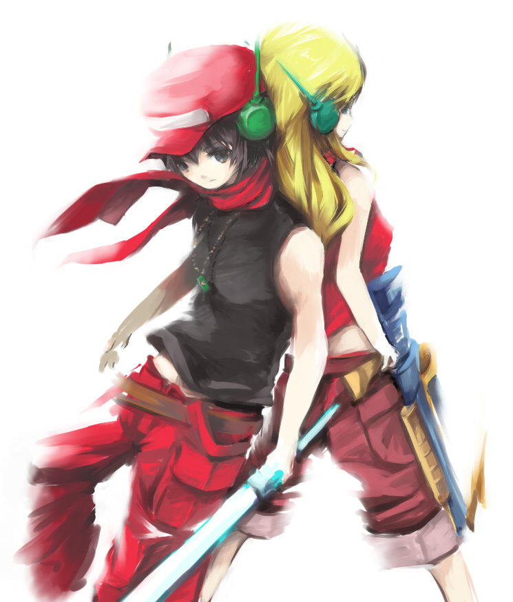suulabo, curly brace, quote (cave story), doukutsu monogatari, bad id, bad pixiv id, 1boy, 1girl, android, back-to-back, bare shoulders, baseball cap, blonde hair, gun, hat, jewelry, necklace, robot ears, scarf, sword, weapon