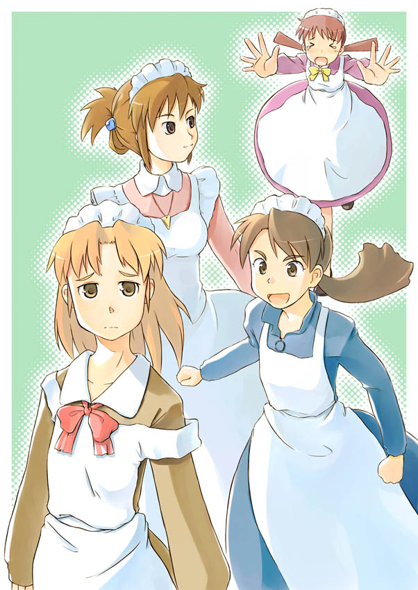 mutou youshun, youshun, hidoi, kudoi, medoi, modoi, futaba channel, nijiura maids, 4girls, brown hair, maid, multiple girls, ponytail, twintails