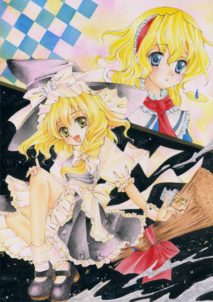 chinako, alice margatroid, kirisame marisa, touhou, acrylic paint (medium), bad id, bad pixiv id, nib pen (medium), painting (medium), pen (medium), traditional media, watercolor (medium), 2girls, blonde hair, blue eyes, braid, broom, female focus, hairband, hat, multiple girls, short hair, witch, witch hat, yellow eyes