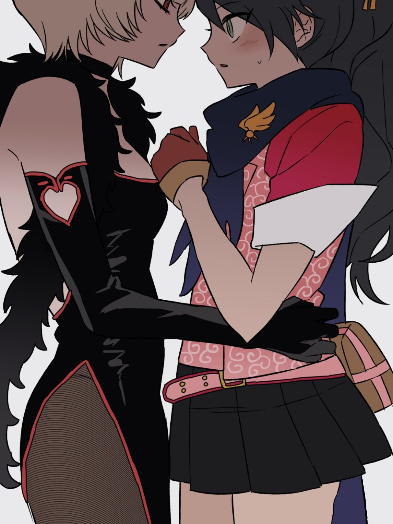 kay faraday, shih-na, ace attorney, ace attorney investigations, ace attorney investigations: miles edgeworth, commentary request, highres, 2girls, black dress, black gloves, black hair, black pantyhose, black skirt, blonde hair, blue scarf, blush, breasts, dress, elbow gloves, feather boa, gloves, goso (user ekpp2582), green eyes, hand on another's waist, long hair, looking at another, multiple girls, pantyhose, parted lips, pink shirt, ponytail, red eyes, red gloves, scarf, shirt, short hair, simple background, skirt, small breasts, white background, yuri