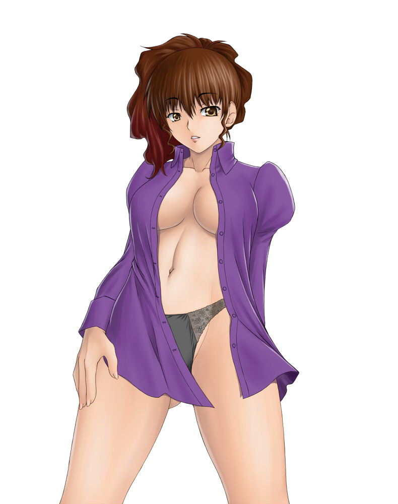 ushiromiya natsuhi, umineko no naku koro ni, 00s, brown eyes, brown hair, no bra, open clothes, open shirt, panties, shirt, solo, underwear