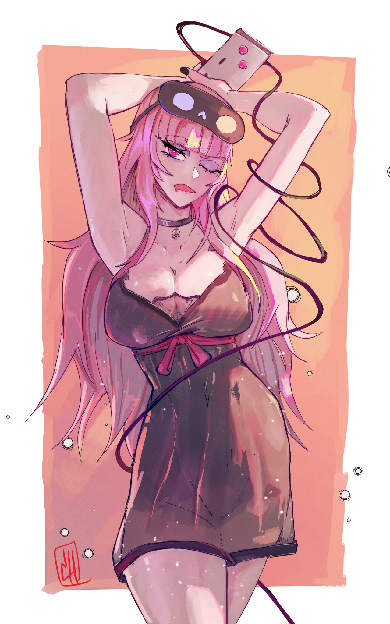 boutsoftheblind, mori calliope, mori calliope (sleepwear), hololive, hololive english, nintendo, highres, 1girl, bare shoulders, black choker, black mask, black nails, black nightgown, blush, border, breasts, choker, cleavage, collarbone, controller, drooling, empire waist, game controller, gamepad, holding, holding controller, holding game controller, jewelry, lace-trimmed nightgown, large breasts, long hair, looking at viewer, mask, mask on head, messy hair, nes gamepad, nightgown, nightgown lift, official alternate costume, one eye closed, open mouth, pink eyes, pink hair, red eyes, skull choker, sleep mask, sleepwear, solo, virtual youtuber, white border