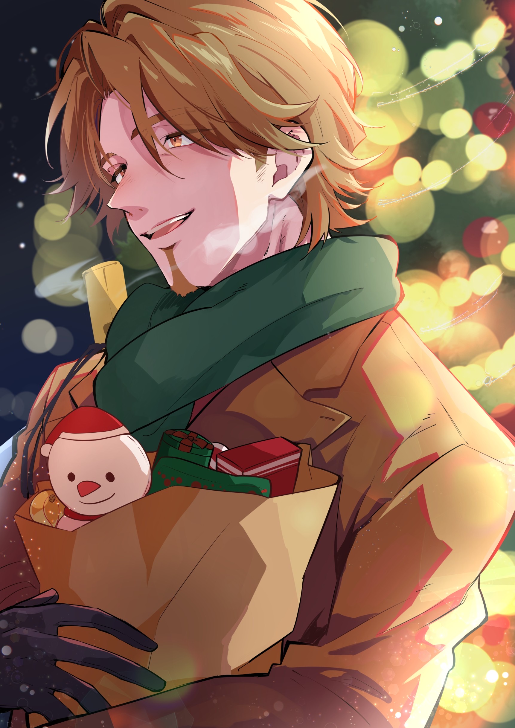 nekoma hikaru, helios rising heroes, absurdres, commentary request, highres, 1boy, black gloves, brown coat, brown eyes, brown hair, christmas, coat, facial hair, gloves, goatee, green scarf, jay kidman, long sleeves, looking ahead, male focus, open mouth, scarf, short hair, solo