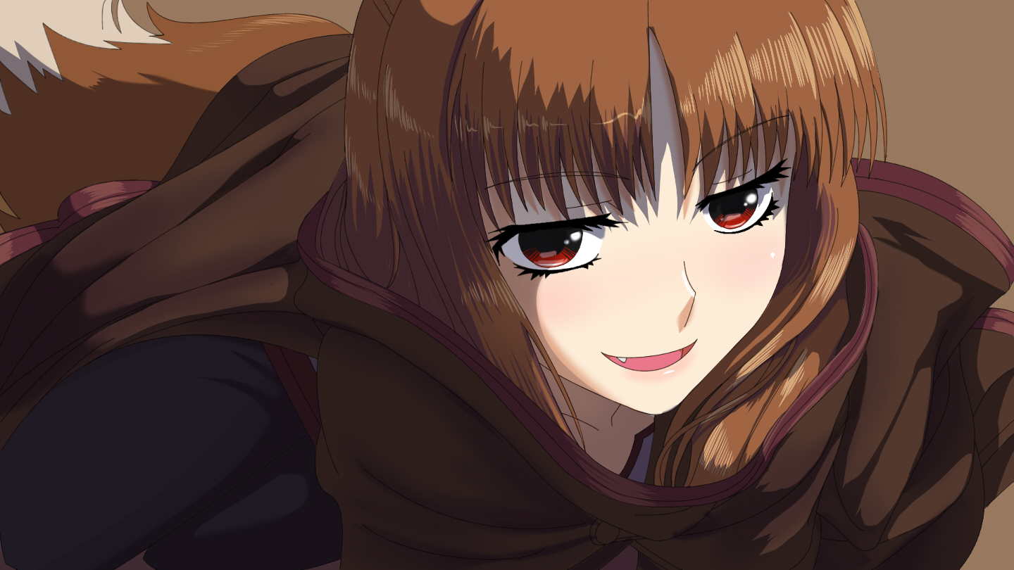 ishikkoro, holo, spice and wolf, 00s, 1girl, brown hair, eyelashes, fang, female focus, red eyes, smirk, solo, tail, wolf tail