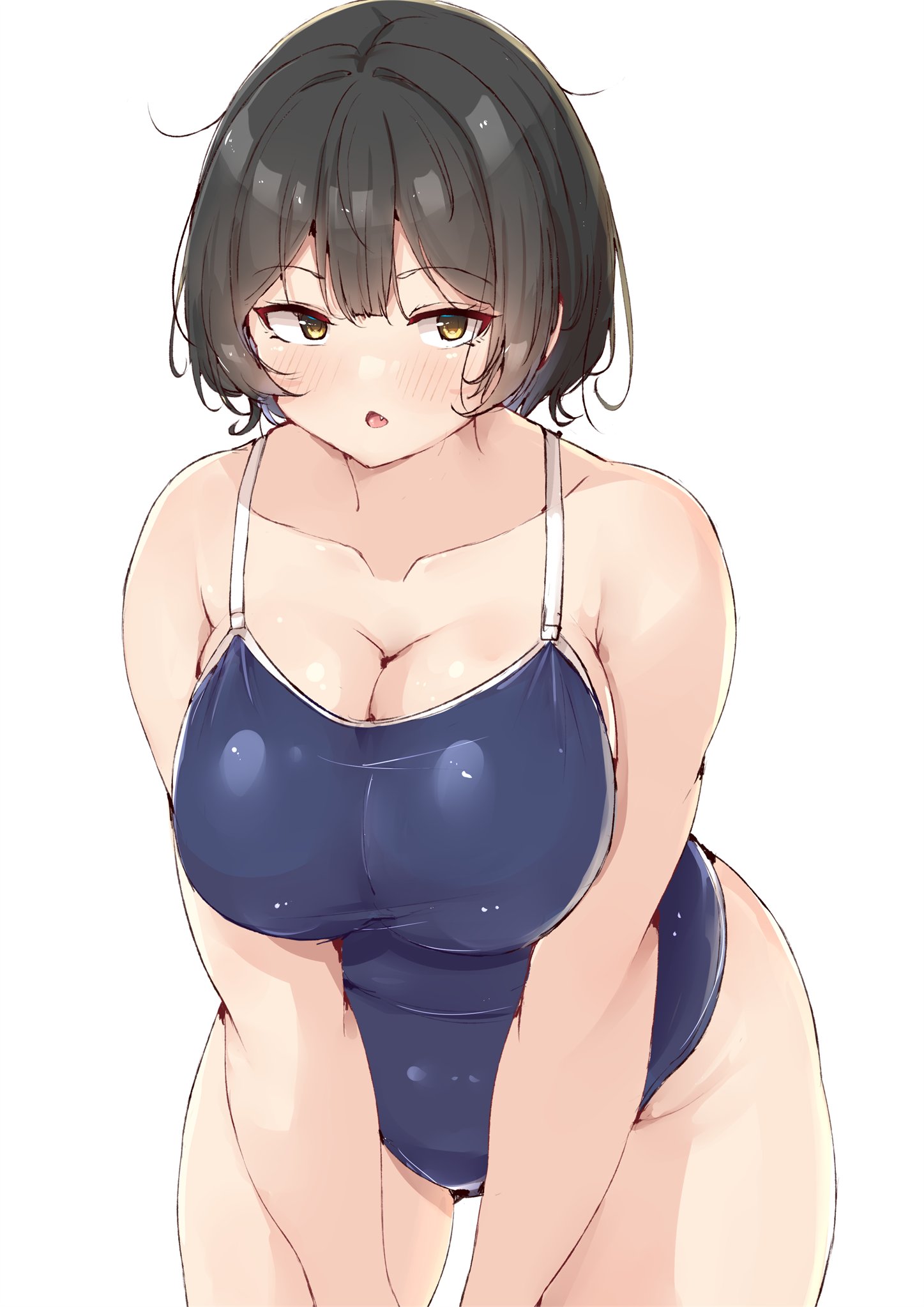 shinonon (iso shino), original, 1girl, black hair, blue one-piece swimsuit, blush, breasts, breasts squeezed together, brown eyes, cleavage, fang, large breasts, leaning forward, one-piece swimsuit, open mouth, plump, short hair, solo, standing, swimsuit, triangle mouth, white background