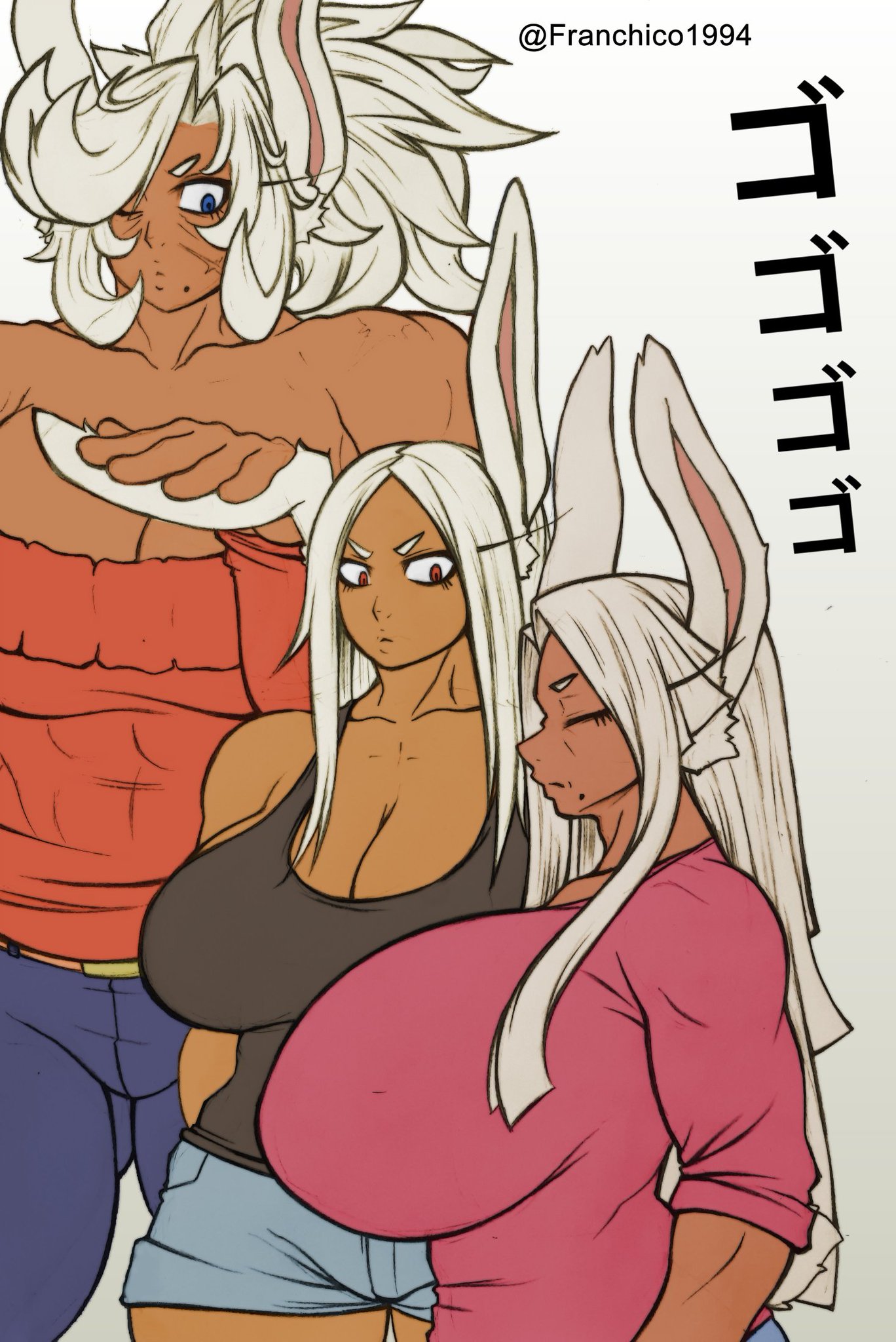 franchico1994, mirko, boku no hero academia, original, highres, 3girls, age difference, breasts, family, grandmother and granddaughter, height difference, huge breasts, mother and daughter, multiple girls, standing, tall female, usagiyama romi (franchico1994), usagyama mika (franchico1994)