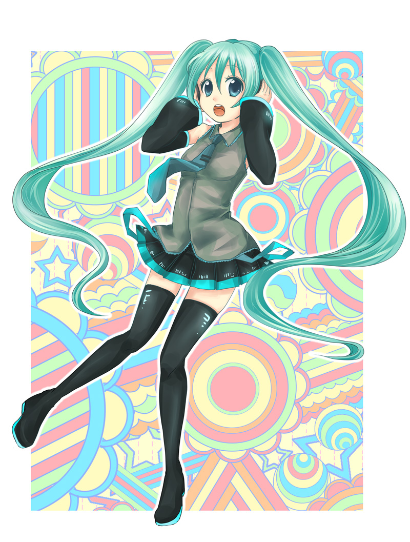 tamaichi, hatsune miku, vocaloid, bad id, bad pixiv id, 1girl, aqua eyes, aqua hair, detached sleeves, female focus, full body, legs, long hair, necktie, open mouth, skirt, solo, thighhighs, twintails, very long hair, zettai ryouiki