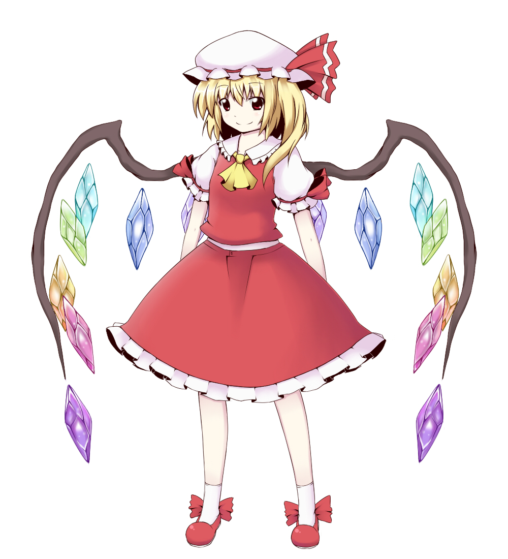 fuuen (akagaminanoka), flandre scarlet, touhou, bad id, bad pixiv id, 1girl, blonde hair, crystal, female focus, hat, ponytail, red eyes, short hair, side ponytail, simple background, smile, solo, wings
