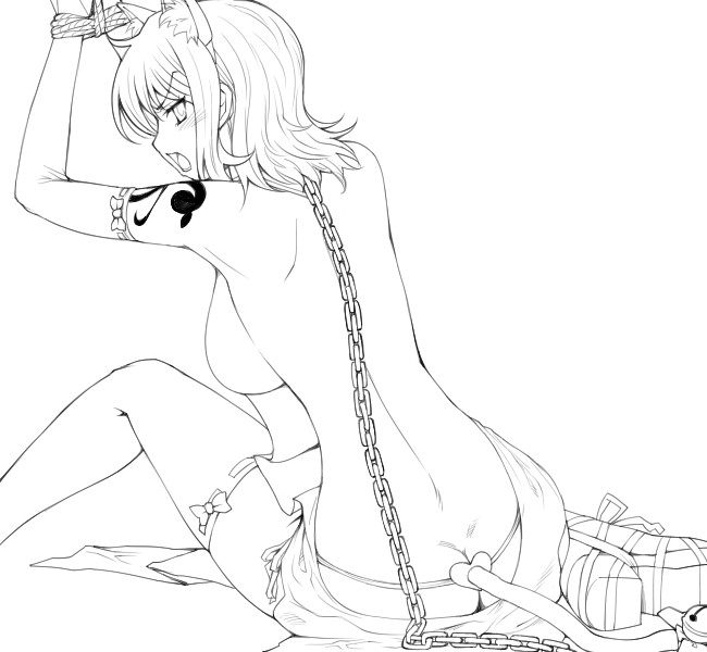 hairu, nami (one piece), one piece, 1girl, angry, animal ears, ass, bdsm, blush, bondage, bound, breasts, butt crack, cat ears, cat tail, chain, chain leash, elbow gloves, female focus, from behind, gloves, greyscale, heart, high heels, leash, lineart, looking back, monochrome, revealing clothes, rope, shoes, short hair, sitting, solo, tail, tattoo, thighhighs, topless female