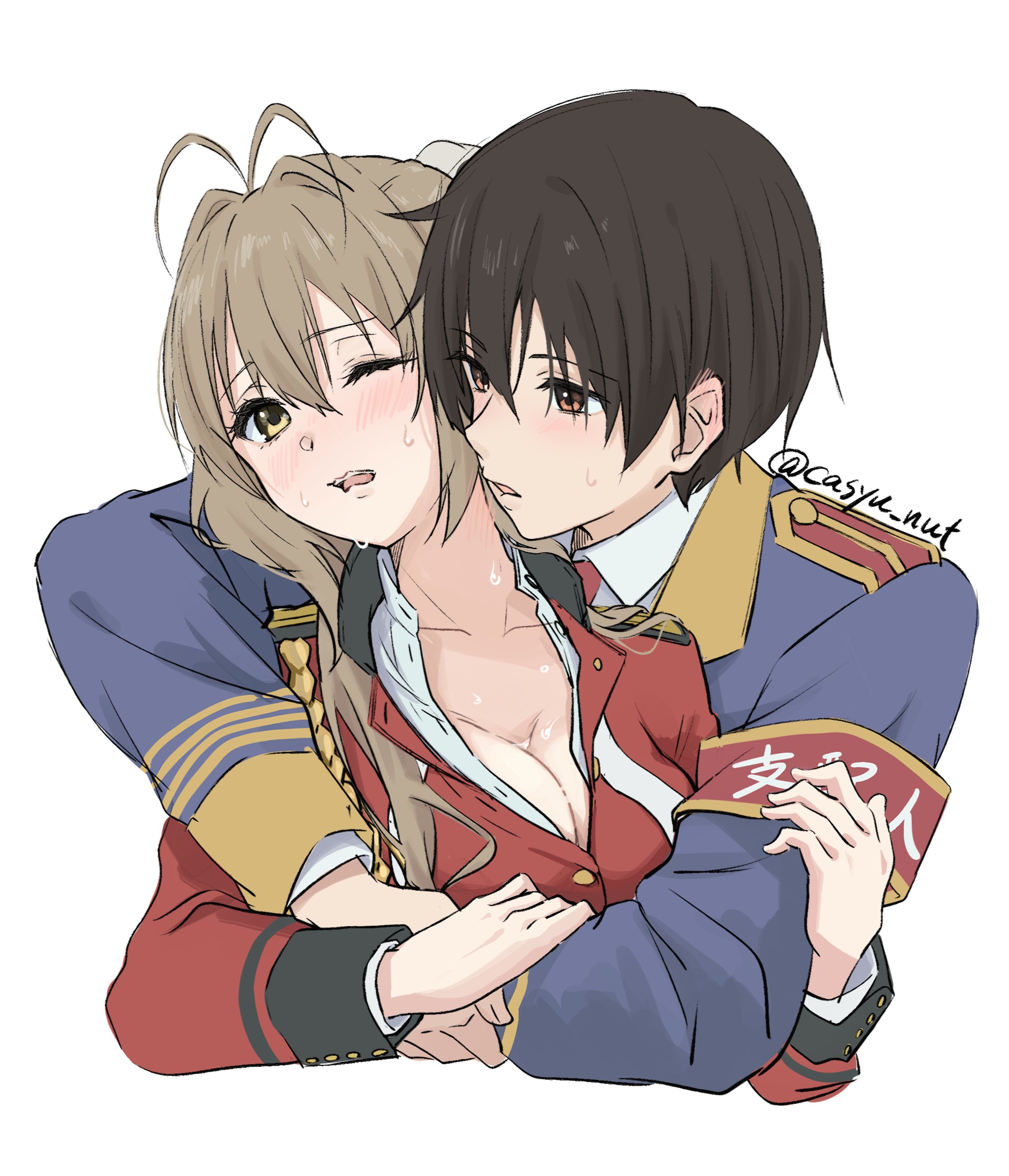 casyu nut, kanie seiya, sento isuzu, amagi brilliant park, absurdres, highres, 1boy, 1girl, aiguillette, antenna hair, armband, artist name, averting eyes, black hair, blue jacket, blush, breasts, brown eyes, brown hair, buttons, cleavage, collared shirt, embarrassed, epaulettes, hair between eyes, hetero, hug, hug from behind, imminent kiss, jacket, large breasts, long hair, long sleeves, looking at another, military, military uniform, one eye closed, open mouth, partially unbuttoned, red armband, red jacket, shirt, sidelocks, simple background, sketch, sweat, twitter username, wavy mouth, white background, white shirt