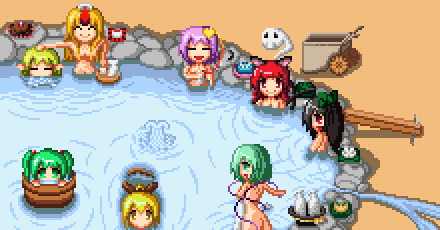 kisasage kouta, kouta (pixiv), hoshiguma yuugi, kaenbyou rin, kisume, komeiji koishi, komeiji satori, kurodani yamame, mizuhashi parsee, reiuji utsuho, subterranean animism, touhou, lowres, 6+girls, arm cannon, bath, bucket, female focus, horns, in bucket, in container, multiple girls, nude, onsen, pixel art, same-sex bathing, shared bathing, single horn, weapon, wheelbarrow, wooden bucket