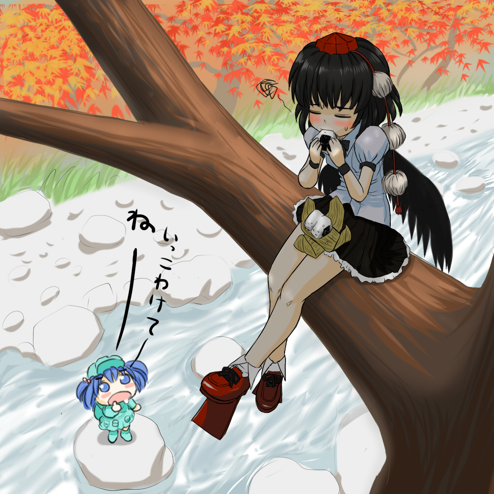 ishikkoro, kawashiro nitori, shameimaru aya, touhou, translated, 2girls, black hair, black wings, blue eyes, blue hair, eating, female focus, food, from above, geta, hair bobbles, hair ornament, hat, in tree, multiple girls, onigiri, rock, short hair, sitting, sitting in tree, stream, tengu-geta, tokin hat, tree, twintails, two side up, wings