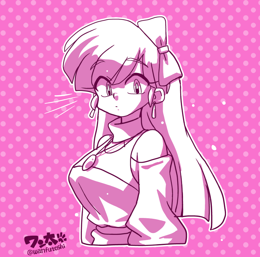 wanta (futoshi), kuonji ukyou, ranma 1/2, 1girl, artist name, bare shoulders, bow, breasts, closed mouth, earrings, expressionless, hair bow, jewelry, large breasts, long hair, monochrome, off shoulder, pendant, polka dot, polka dot background, signature, solo, straight hair