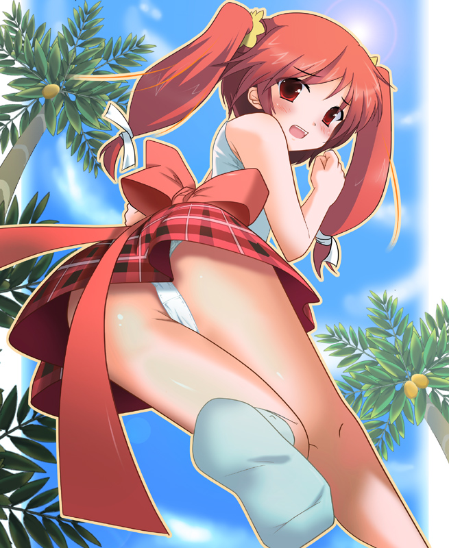 eimaisaki, yuki.a, original, 1girl, ass, bad anatomy, bad feet, feet, female focus, from below, looking back, panties, pantyshot, plaid clothes, plaid skirt, poorly drawn, red eyes, red hair, skirt, socks, solo, twintails, underwear, upskirt