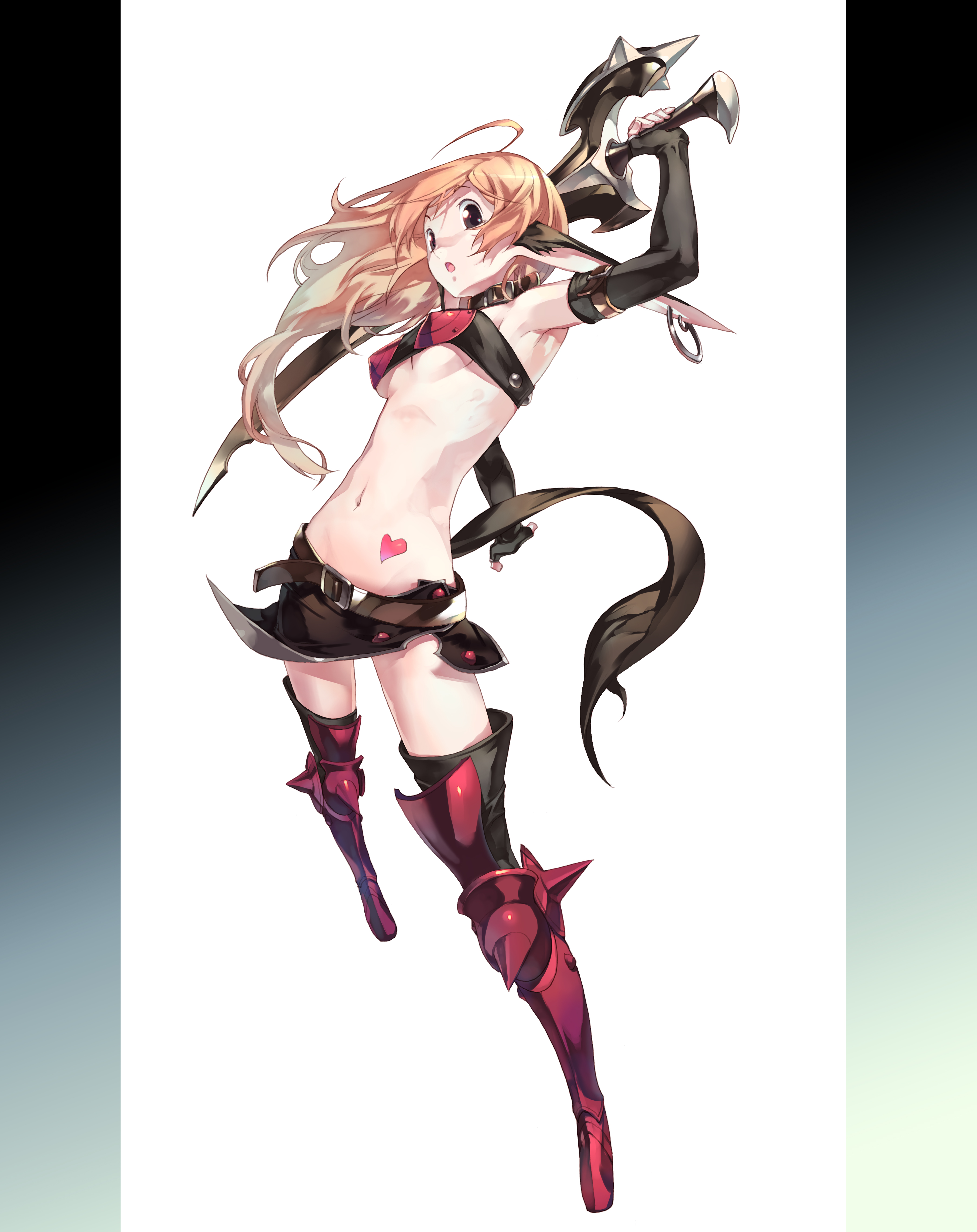 kousaki rui, original, absurdres, highres, 1girl, ahoge, animal ears, armor, belt, bikini armor, blonde hair, boots, breasts, elbow gloves, elf, female focus, fingerless gloves, gloves, long hair, midriff, navel, open mouth, pointy ears, red eyes, skirt, solo, sword, tattoo, underboob, weapon