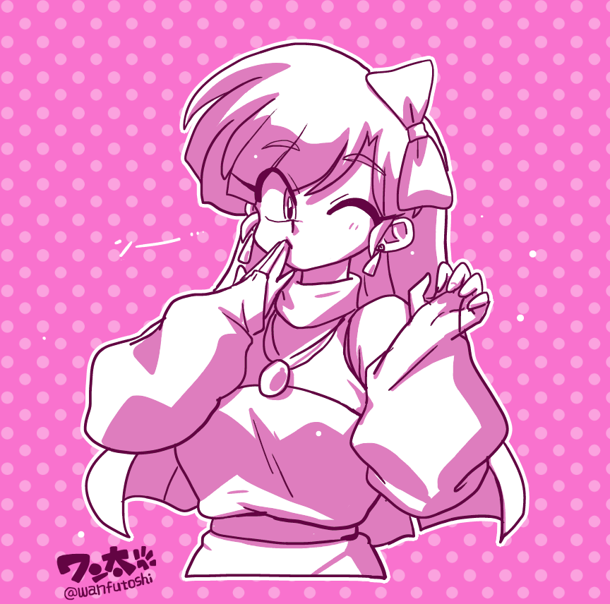 wanta (futoshi), kuonji ukyou, ranma 1/2, 1girl, artist name, bare shoulders, bow, breasts, closed mouth, covering own mouth, earrings, hair bow, hand over own mouth, jewelry, large breasts, long hair, monochrome, off shoulder, one eye closed, pendant, polka dot, polka dot background, signature, solo, straight hair