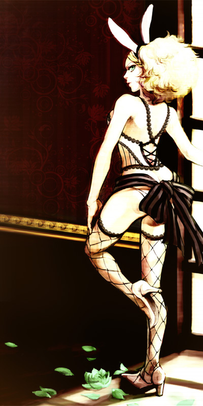 ma0, animal ears, blonde hair, corset, fishnet thighhighs, fishnets, green eyes, high heels, looking back, rabbit ears, shoes, solo, thighhighs