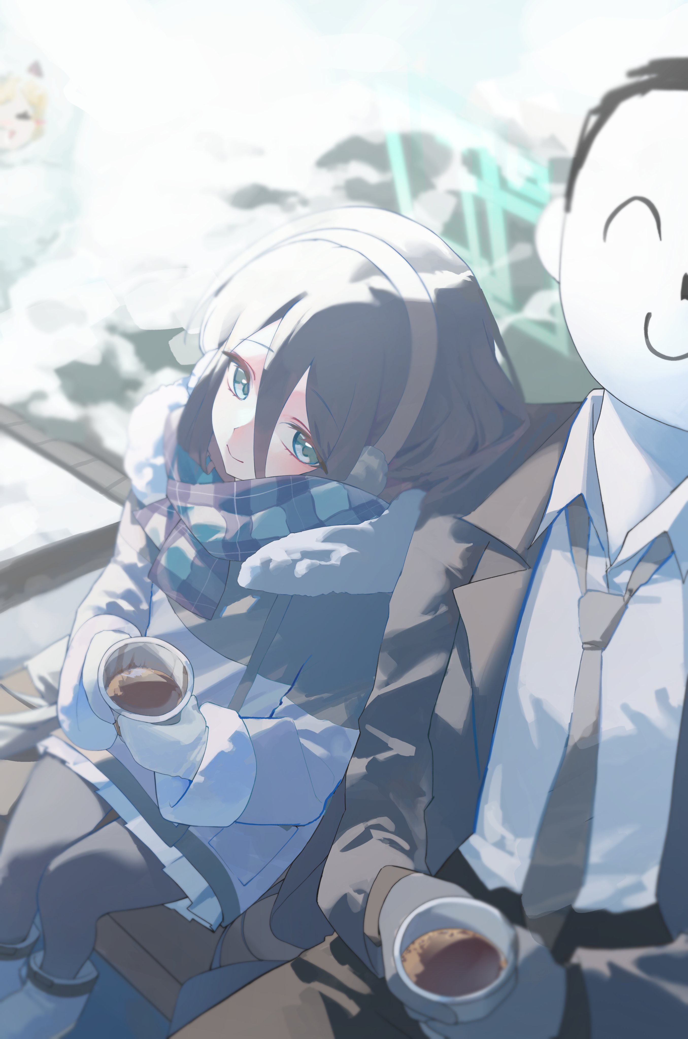 aris (blue archive), aris (winter) (blue archive), doodle sensei (blue archive), momoi (blue archive), sensei (blue archive), blue archive, absurdres, hashtag-only commentary, highres, 1boy, 2girls, alternate color, black hair, black jacket, black necktie, black pants, black pantyhose, blue halo, blue scarf, boots, closed mouth, coat, coffee, collared shirt, cup, disposable cup, earmuffs, fur-trimmed coat, fur-trimmed sleeves, fur trim, grey coat, hair between eyes, halo, head on another's shoulder, holding, holding cup, jacket, long sleeves, looking at another, looking to the side, multiple girls, necktie, open clothes, open jacket, outdoors, pants, pantyhose, plaid clothes, plaid scarf, pleated skirt, rectangular halo, scarf, shihnji282, shirt, sitting, skirt, smile, snow, snowball, white boots, white shirt, white skirt, winter