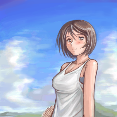 tsuda nanafushi, souseiseki, rozen maiden, lowres, 00s, aged up, brown eyes, brown hair, casual, cloud, day, short hair, sky, solo, tank top