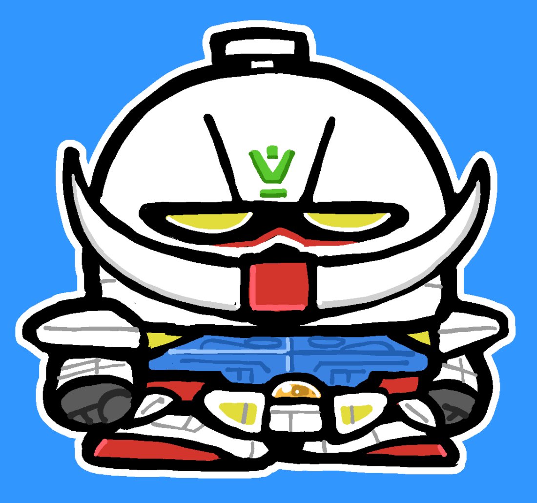 bkub, character request, copyright request, 1boy, black gloves, blue background, chibi, chibi only, full body, gloves, helmet, male focus, outline, red shoes, shoes, simple background, solo, standing, white helmet, white outline, yellow eyes