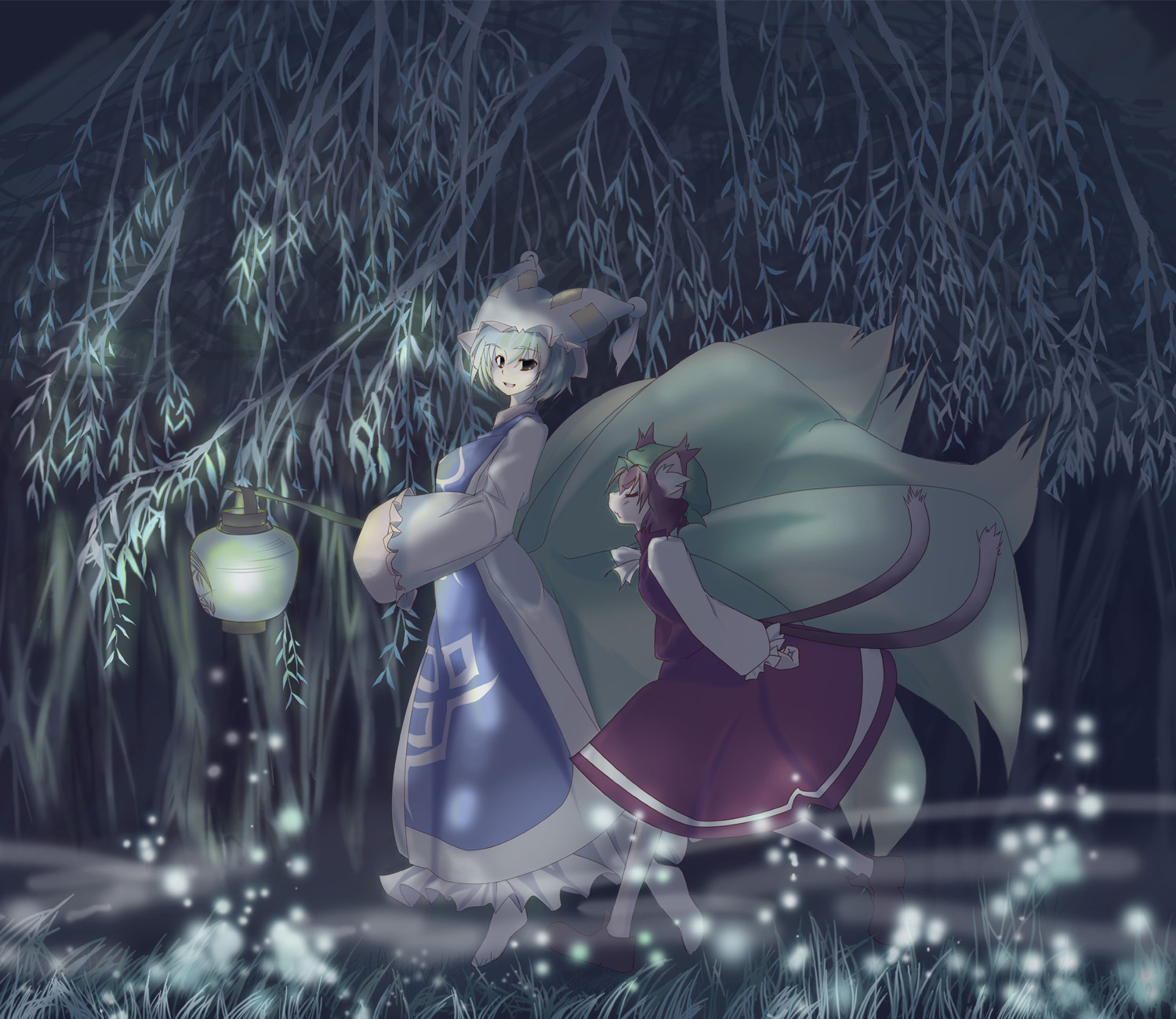 nooboo, over of (1216ggxx), chen, yakumo ran, touhou, highres, 2girls, animal ears, animal hat, blonde hair, brown hair, cat ears, cat girl, cat tail, female focus, forest, fox tail, hat, lantern, long sleeves, mob cap, multiple girls, nature, night, outdoors, shoes, short hair, tail, tassel, walking, wide sleeves