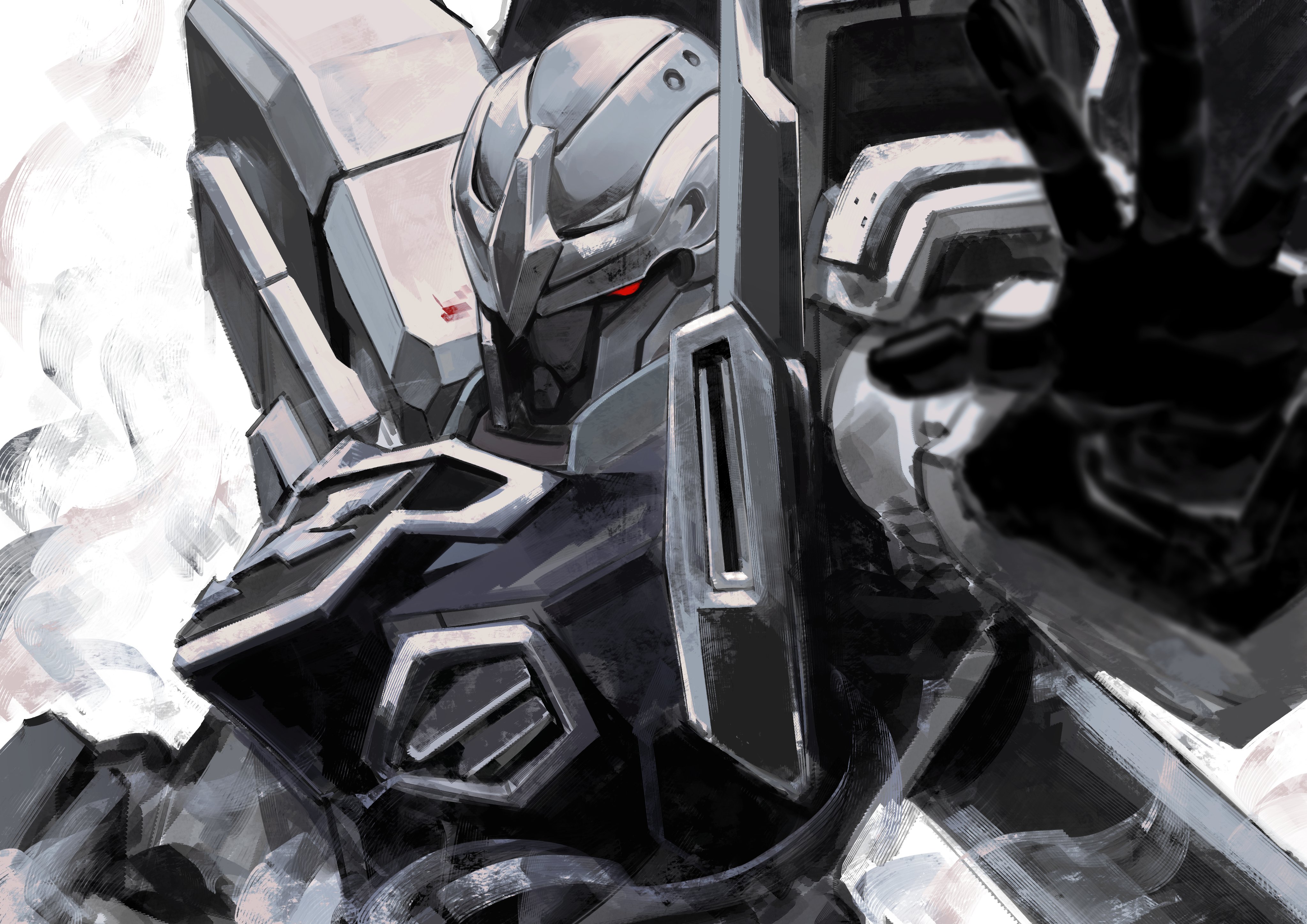 hunk 404, sinanju stein, gundam, gundam narrative, absurdres, commentary request, highres, blurry, blurry foreground, foreshortening, looking at viewer, mecha, mecha focus, mobile suit, no humans, outstretched arm, reaching, reaching towards viewer, red eyes, robot, science fiction, solo, upper body