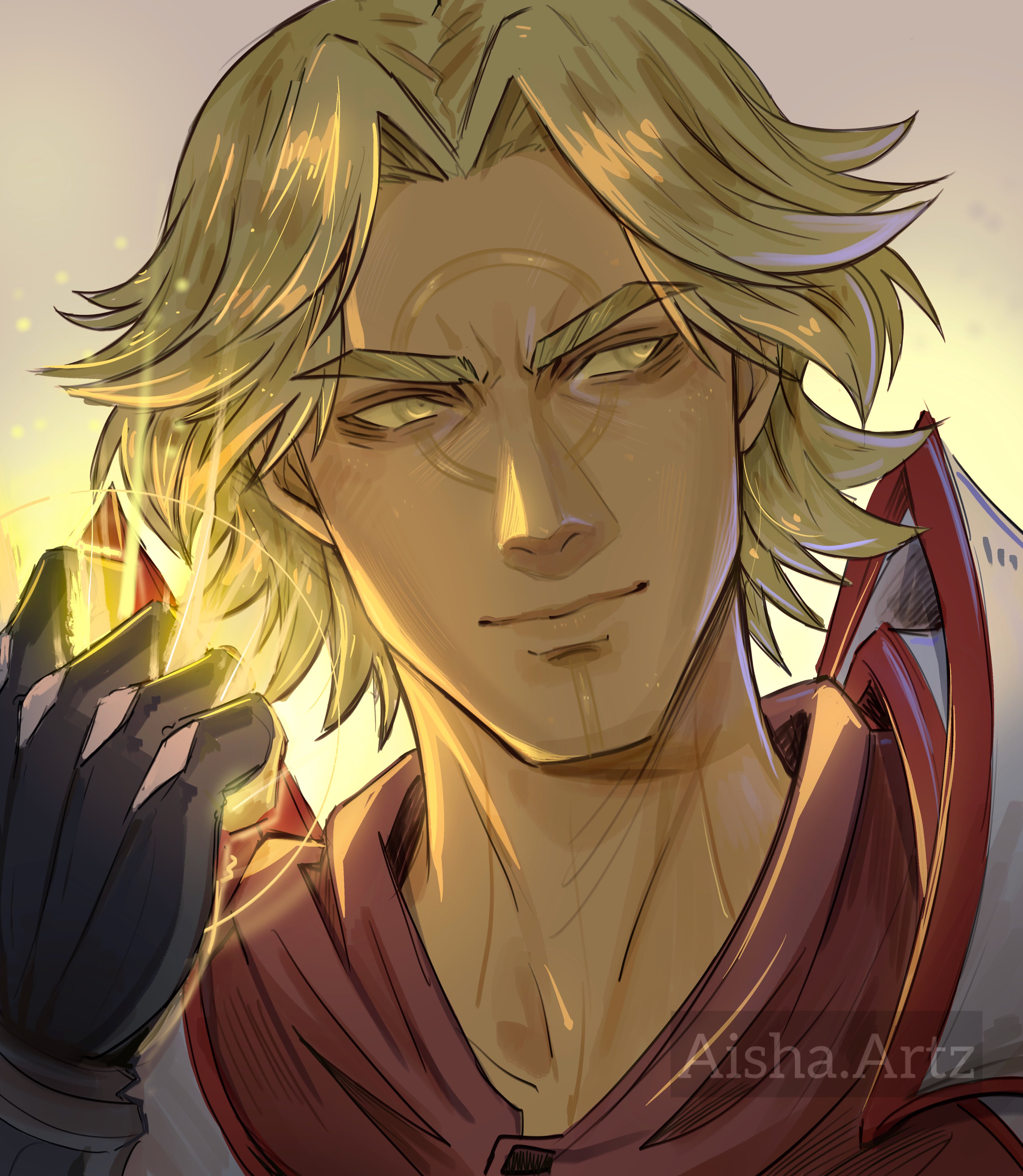 artzaisha, adam warlock, guardians of the galaxy, marvel, marvel rivals, absurdres, commentary, highres, 1boy, artist name, black gloves, blonde hair, cape, colored skin, gloves, glowing, grey background, looking to the side, male focus, multicolored cape, parted bangs, red cape, short hair, solo, upper body, white cape, yellow eyes, yellow skin