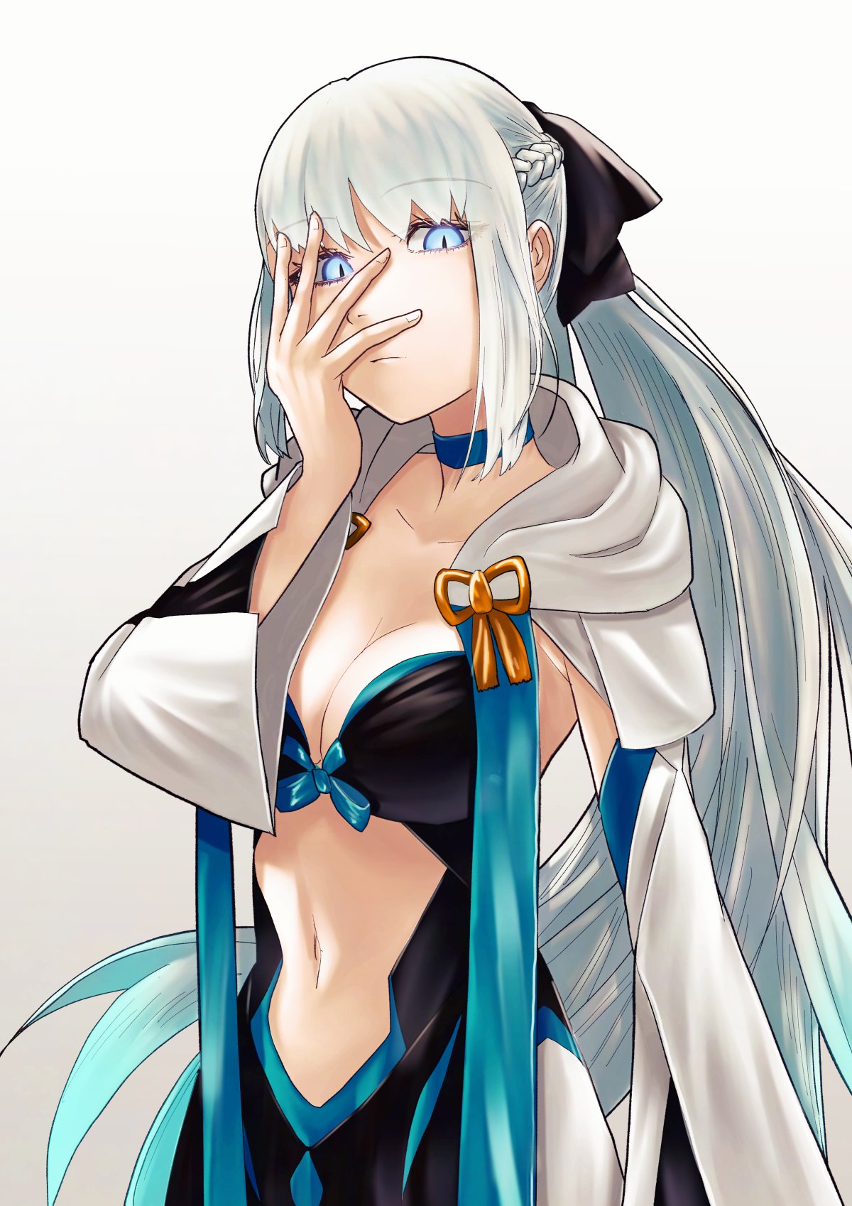 choi yuan (qsta), morgan le fay (fate), morgan le fay (second ascension) (fate), fate/grand order, fate (series), highres, 1girl, arm at side, arm up, black bow, blue bow, blue choker, blue hair, bow, braid, breasts, chest bow, choker, cleavage, clothing cutout, detached sleeves, dress, expressionless, glowing, glowing eyes, gradient hair, hair bow, hand on own face, long hair, long sleeves, looking at viewer, medium breasts, multicolored hair, navel, orange bow, shrug (clothing), sidelocks, sleeveless, sleeveless dress, slit pupils, solo, stomach cutout, strapless, strapless dress, very long hair, white hair, white shrug, wide sleeves