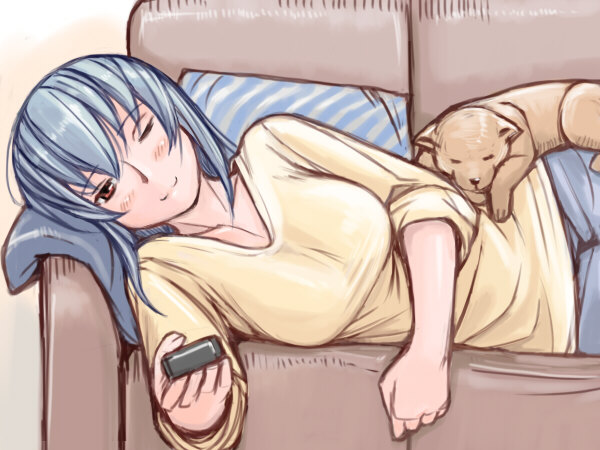 tsuda nanafushi, suigintou, rozen maiden, silver hair, 00s, 1girl, aged up, breasts, casual, controller, couch, dog, female focus, large breasts, lying, one eye closed, remote control, sleeves rolled up, solo, wink