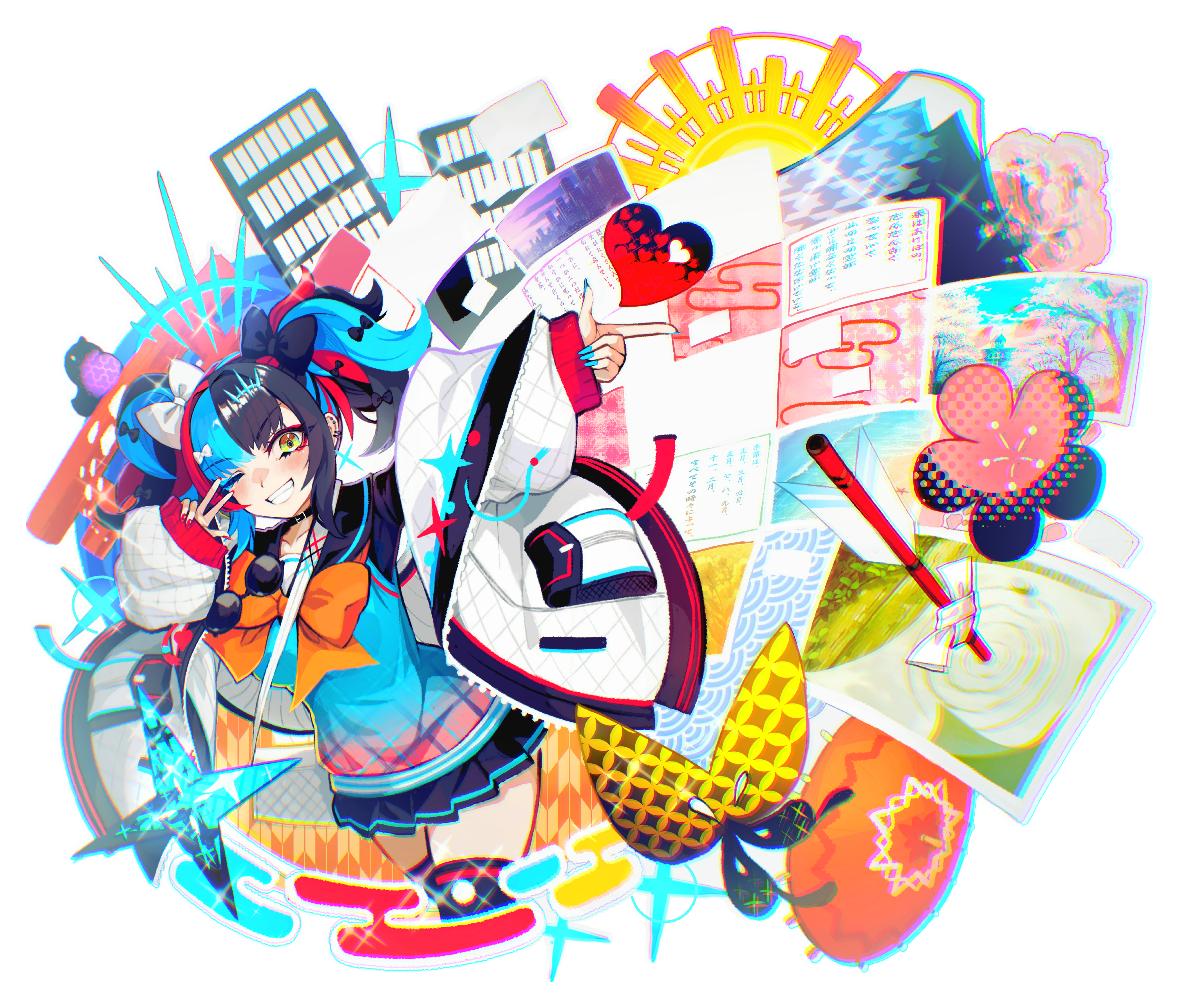 discat, sei shounagon (fate), fate/grand order, fate (series), absurdres, highres, 1girl, adapted costume, arrow (projectile), black choker, black thighhighs, blue nails, bow, bug, butterfly, choker, flower, grin, heart, insect, jacket, mount fuji, multicolored hair, one eye closed, orange bow, paper, pink flower, red nails, smile, sunglasses, thighhighs, twintails, unworn eyewear, v, v over eye, white jacket