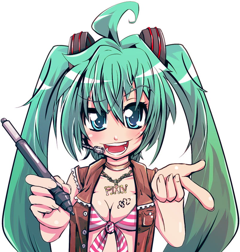 tanashi (mk2), hatsune miku, vocaloid, 1girl, blue eyes, breasts, cleavage, fang, female focus, green hair, jewelry, long hair, medium breasts, necklace, pen, simple background, solo, twintails