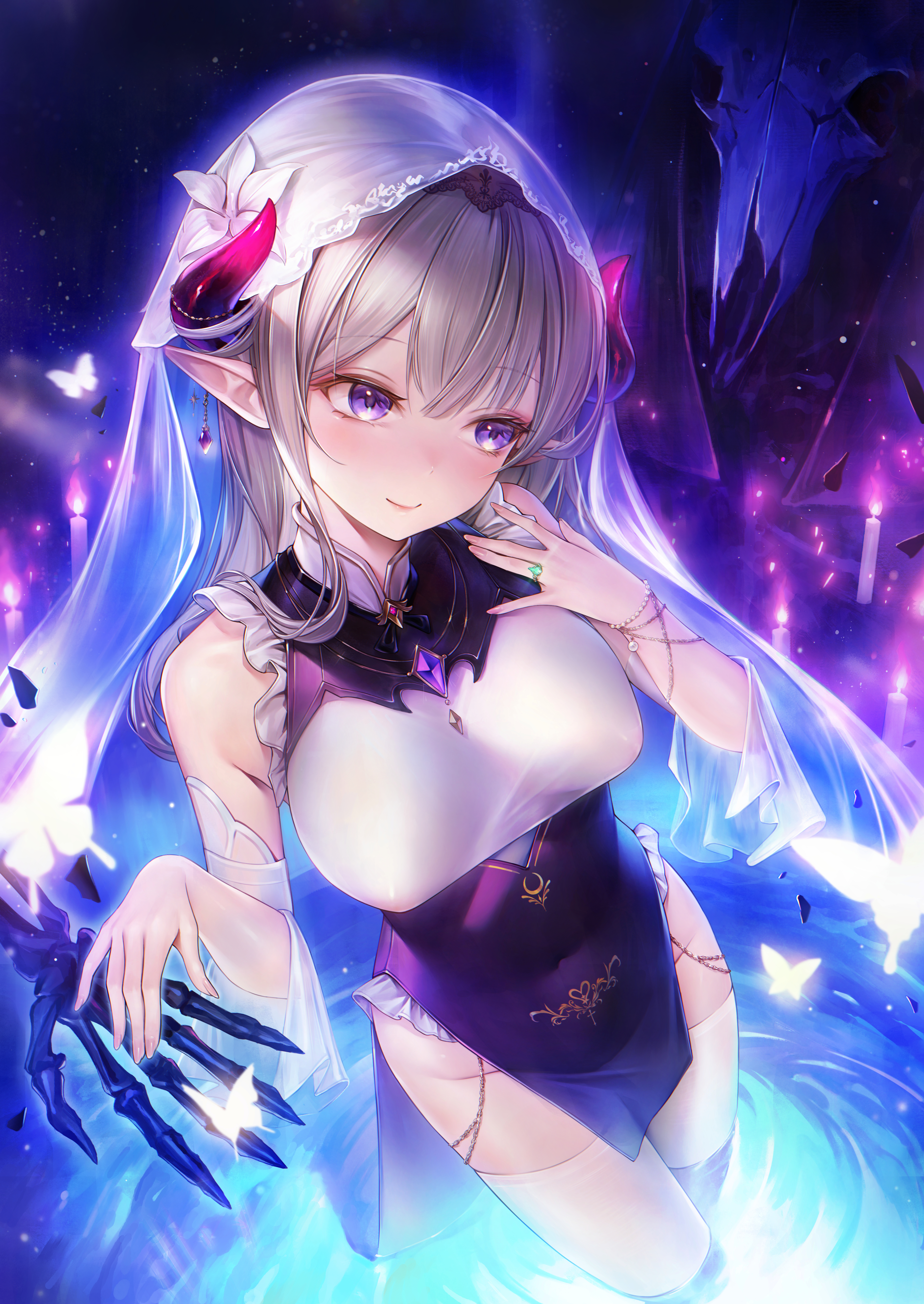 yahiro (heartseek000), original, absurdres, highres, 1girl, bare shoulders, black dress, breasts, closed mouth, covered erect nipples, covered navel, detached sleeves, dress, horns, large breasts, long hair, looking to the side, no panties, pelvic curtain, pointy ears, purple dress, purple eyes, sidelocks, sleeveless, sleeveless dress, smile, solo, taut clothes, taut dress, thighhighs, thighs, veil, water, white hair, white thighhighs