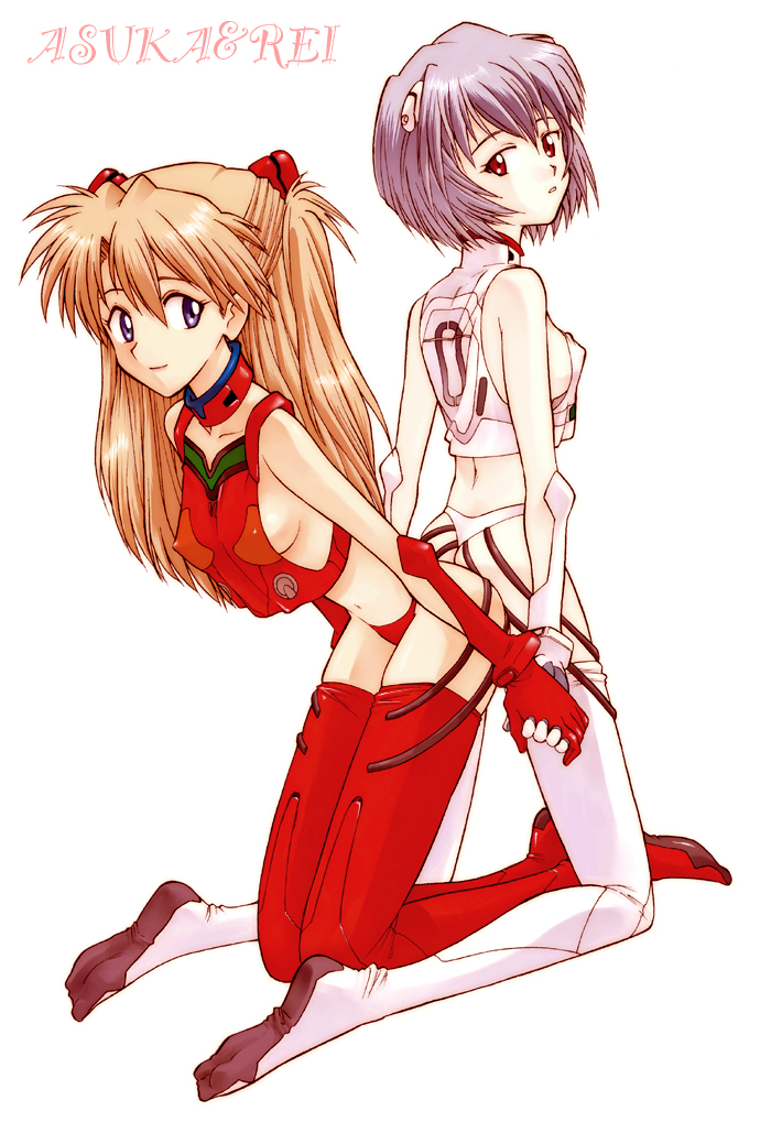 kikumaru bunta, ayanami rei, souryuu asuka langley, neon genesis evangelion, red legwear, white legwear, 2girls, adapted costume, blue eyes, blue hair, breasts, character name, covered erect nipples, female focus, full body, holding hands, kneeling, long hair, mecha pilot suit, medium breasts, multiple girls, navel, plugsuit (evangelion), red hair, short hair, sideboob, simple background, thighhighs, white background