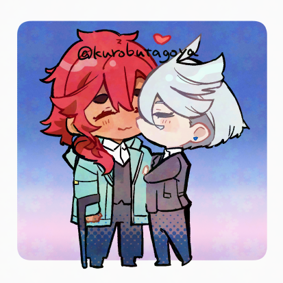 ii fuufu no hi, kurosuke (yekyy), miorine rembran, suletta mercury, gundam, gundam suisei no majo, commentary request, lowres, 2girls, black jacket, black pants, blue jacket, closed eyes, closed mouth, crutch, earrings, heart, jacket, jewelry, kiss, kissing cheek, long hair, multiple girls, pants, red hair, short hair, stud earrings, thick eyebrows, twitter username, white hair, yuri