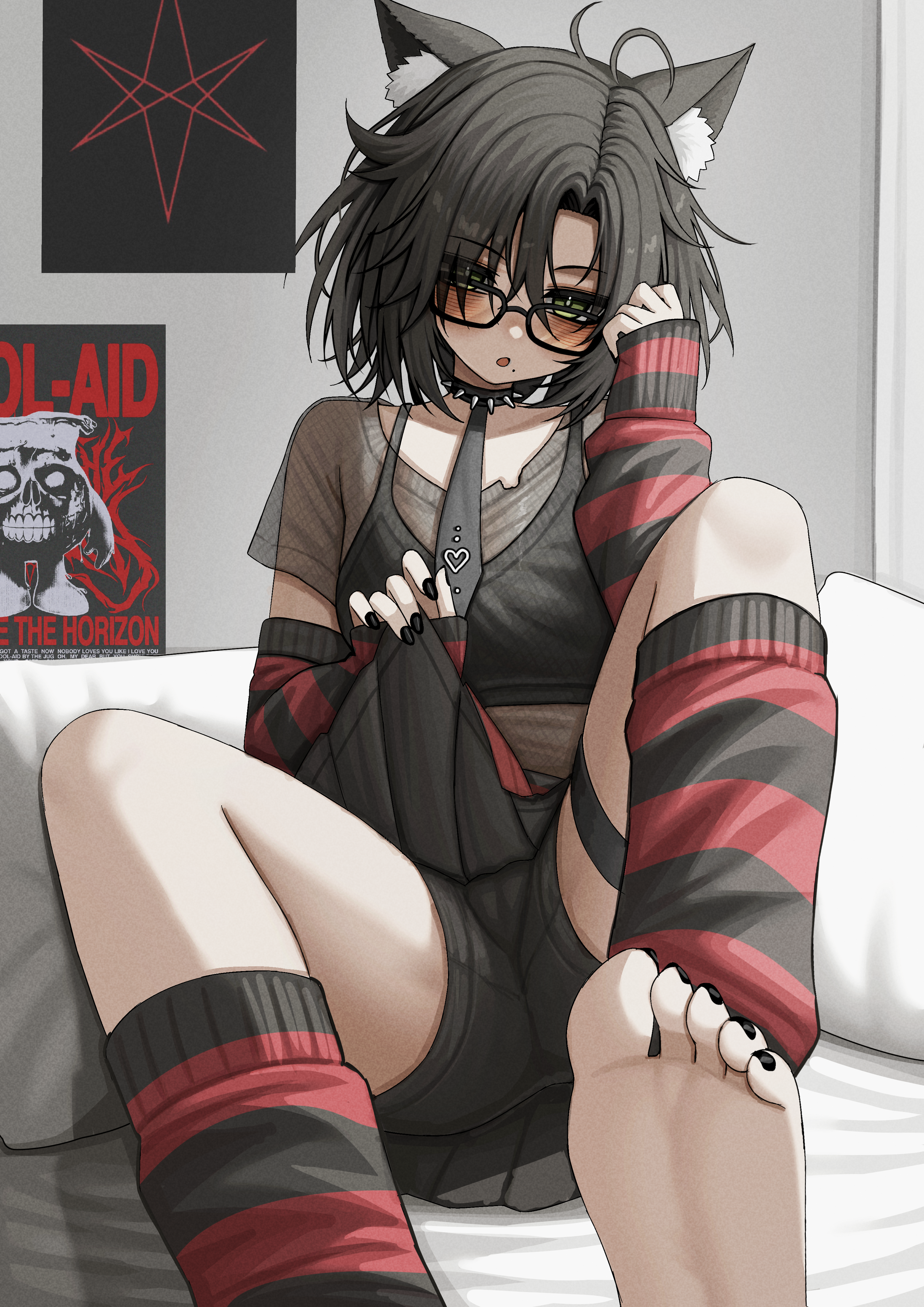 lobsteranian, original, absurdres, commentary, commission, english commentary, highres, 1girl, animal ear fluff, animal ears, bags under eyes, barefoot, black-framed eyewear, black bra, black hair, black nails, black shirt, black shorts, black skirt, bra, cat ears, clothes lift, collar, feet, foot out of frame, glasses, green eyes, indoors, leg warmers, mole, mole under mouth, nail polish, open mouth, red arm warmers, red leg warmers, see-through clothes, see-through shirt, shirt, short hair, short shorts, shorts, shorts under skirt, sitting, skirt, skirt lift, soles, solo, spiked collar, spikes, striped arm warmers, striped leg warmers, toenail polish, toenails, toes, underwear