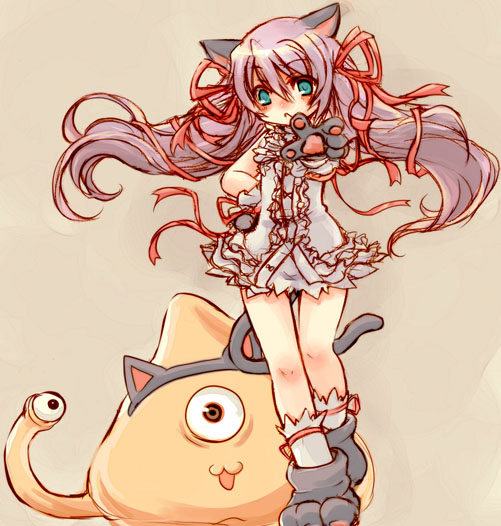 cruithne, al azif (demonbane), dunsany, demonbane, 00s, 1girl, animal ears, animal hands, aqua eyes, cat ears, cat tail, female focus, hair ribbon, long hair, purple hair, ribbon, solo, tail