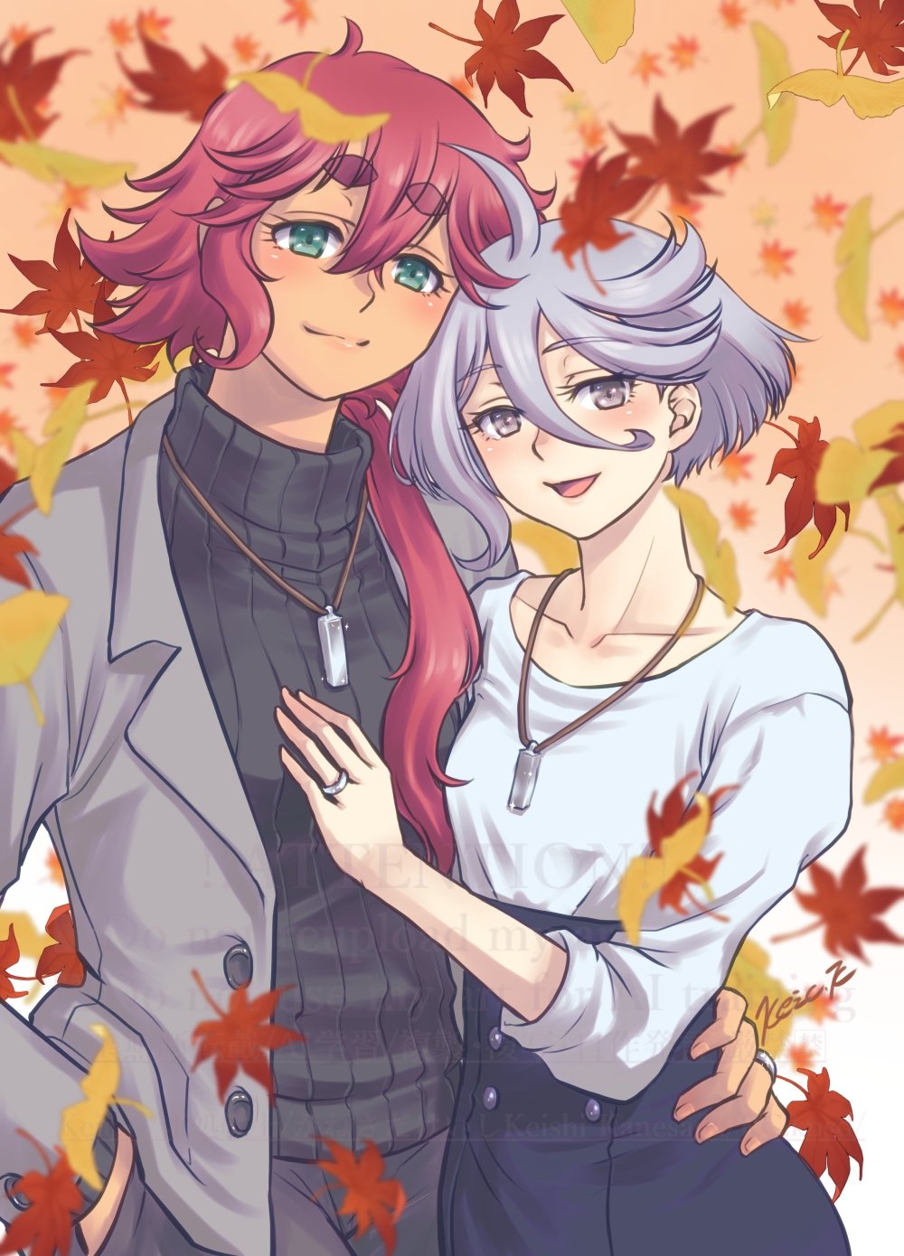 ii fuufu no hi, kanesada keishi, miorine rembran, suletta mercury, gundam, gundam suisei no majo, commentary request, highres, 2girls, aqua eyes, autumn leaves, black skirt, black sweater, closed mouth, falling leaves, grey eyes, grey hair, grey jacket, hand on another's waist, jacket, jewelry, leaf, long hair, multiple girls, necklace, outdoors, red hair, ribbed sweater, ring, shirt, short hair, skirt, sweater, thick eyebrows, wedding ring, white shirt, wife and wife, yuri