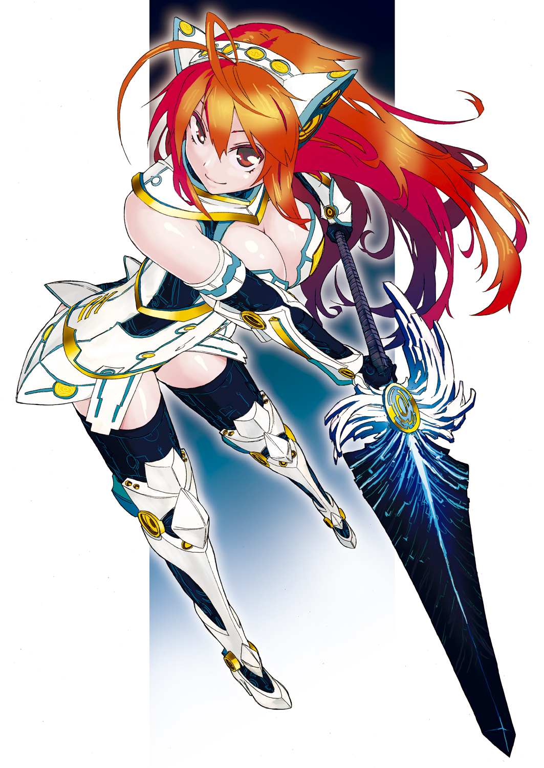 karube ponzu, original, bad id, bad pixiv id, highres, 1girl, animal ears, antenna hair, armor, breasts, cat ears, cleavage, fake animal ears, female focus, large breasts, long hair, red eyes, red hair, solo, sword, thighhighs, weapon