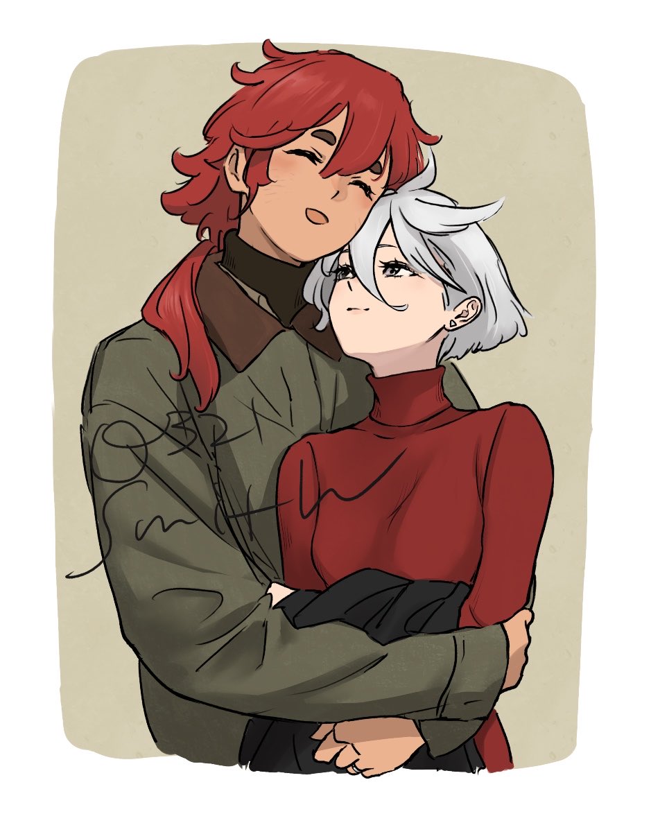 0321smith, ii fuufu no hi, miorine rembran, suletta mercury, gundam, gundam suisei no majo, commentary, highres, 2girls, closed mouth, earrings, green jacket, grey eyes, hug, hug from behind, jacket, jewelry, long hair, multiple girls, open mouth, red hair, red sweater, ring, smile, stud earrings, sweater, thick eyebrows, turtleneck, turtleneck sweater, twitter username, upper body, wedding ring, white hair, wife and wife, yuri