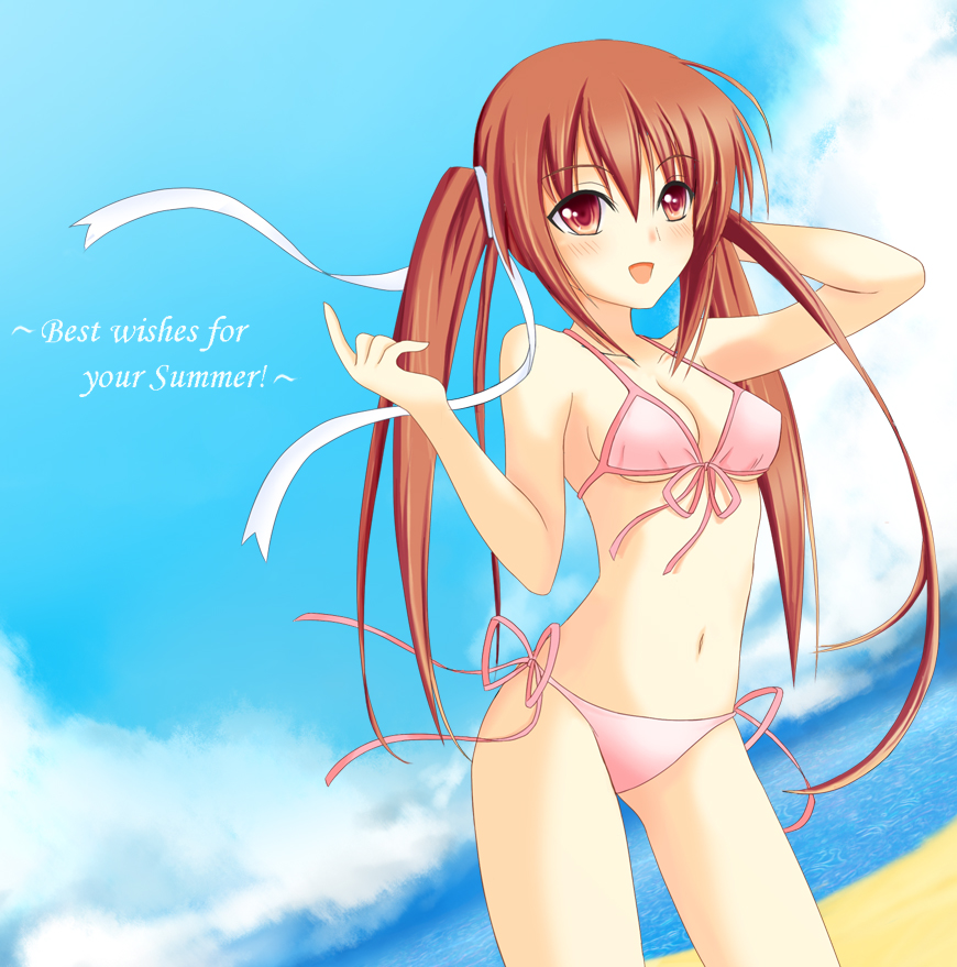 yuzin, houjouin seika, princess lover, bad id, bad pixiv id, 1girl, beach, bikini, brown eyes, brown hair, day, female focus, front-tie top, long hair, outdoors, pink bikini, side-tie bikini bottom, solo, swimsuit, twintails