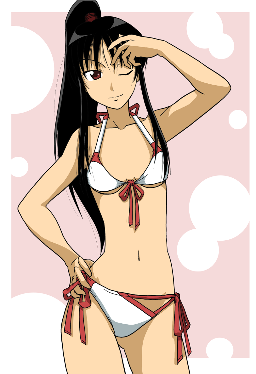 takaya n, original, 1girl, bikini, black hair, brown eyes, female focus, front-tie top, hand on own hip, hip focus, long hair, one eye closed, ponytail, side-tie bikini bottom, solo, swimsuit, white bikini, wink