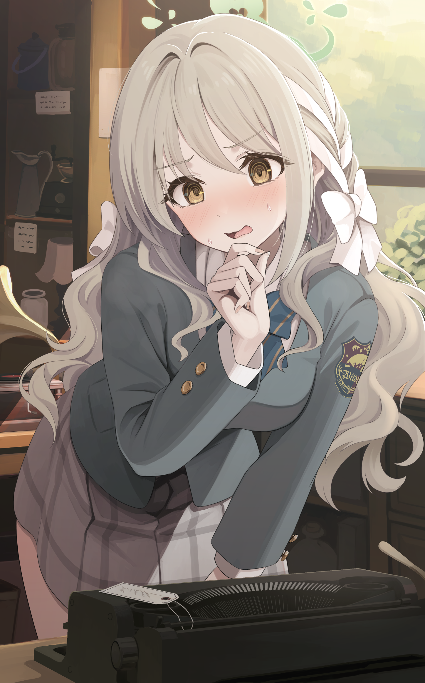 shirousagi una, miyo (blue archive), blue archive, commentary request, highres, 1girl, black jacket, blazer, blue bow, blue bowtie, blush, bow, bowtie, breasts, button gap, collared shirt, dress shirt, green halo, grey hair, grey skirt, hair between eyes, halo, jacket, leaning forward, looking at viewer, medium breasts, medium skirt, multicolored hair, open mouth, pleated skirt, school uniform, shirt, shoes, skirt, squatting, sweat, white bow, white hair, white shirt, yellow eyes