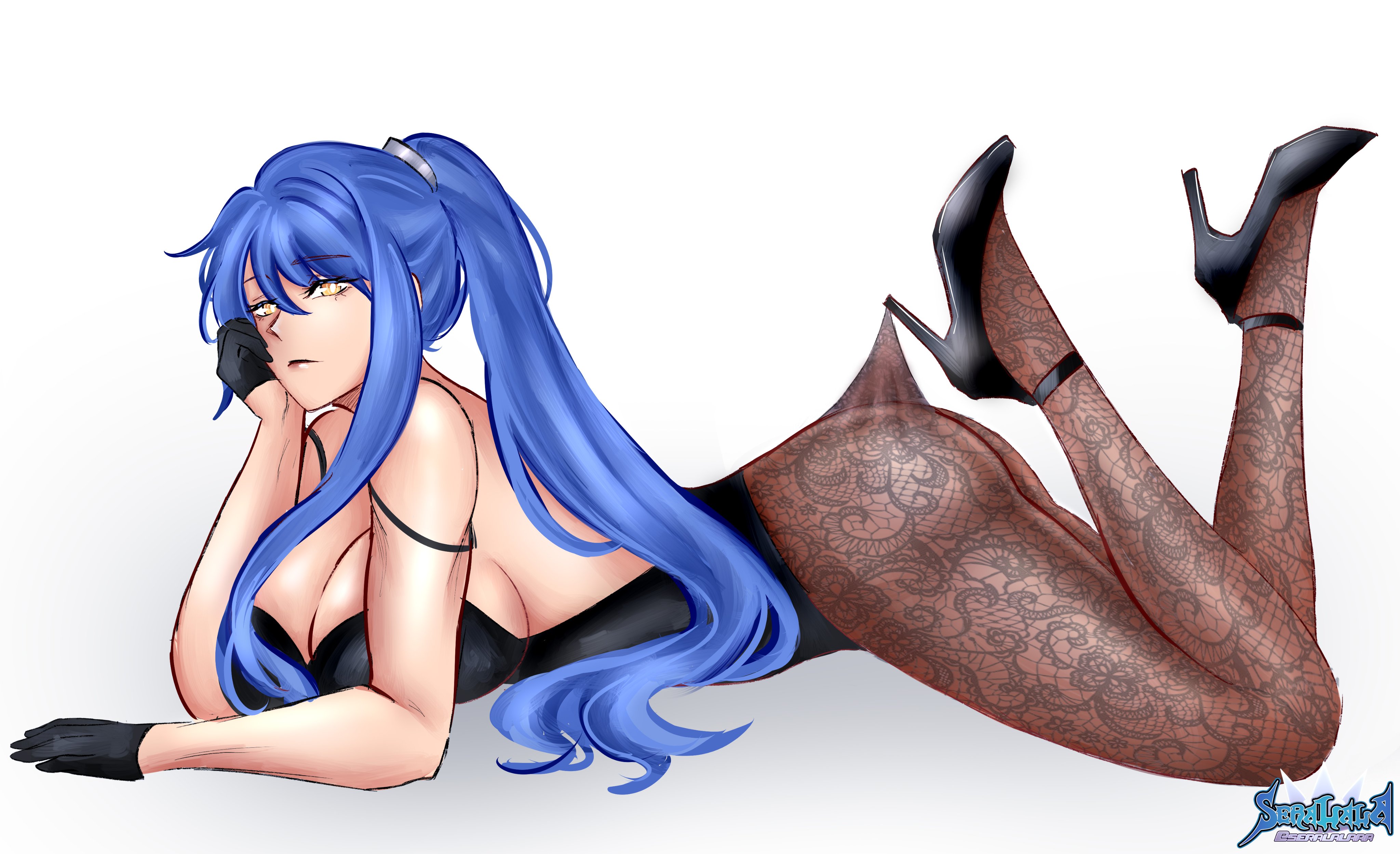 seralalaaa, laura s. arseid, eiyuu densetsu, sen no kiseki (series), absurdres, commentary, commission, english commentary, highres, arched back, artist logo, black gloves, black leotard, black pantyhose, black shoes, blue hair, breasts, cleavage, closed mouth, english text, feet up, floral print pantyhose, from side, gloves, hair between eyes, high-waist pantyhose, high heels, highleg, highleg leotard, hooked on heel, lace, lace pantyhose, lace pantyhose hooked on heel (meme), large breasts, leotard, logo, long hair, long single sidelock, looking at viewer, lying, meme, on stomach, pantyhose, pantyhose tug, parted bangs, ponytail, shoes, simple background, single sidelock, stiletto heels, white background, yellow eyes