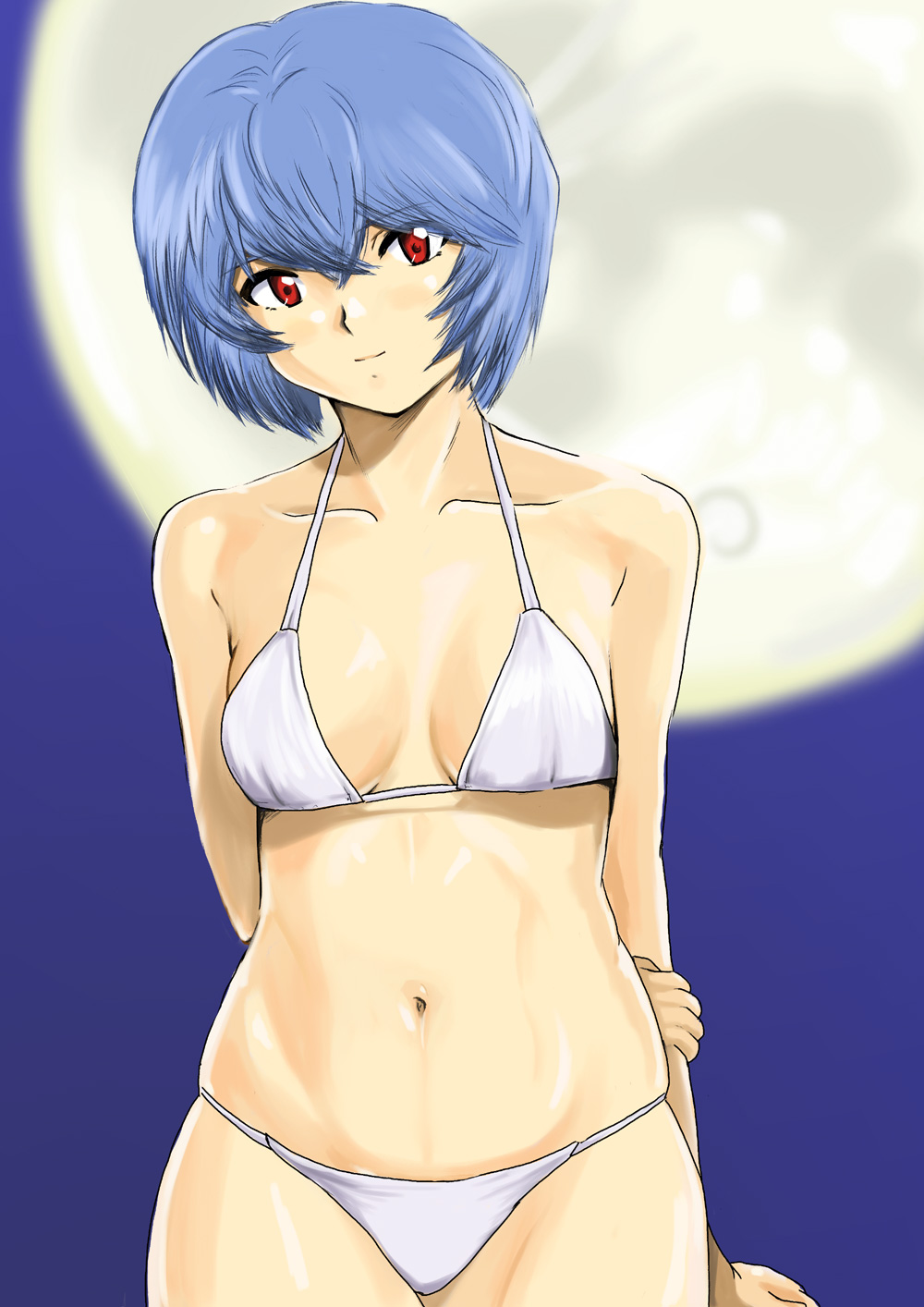 shu-z, ayanami rei, neon genesis evangelion, highres, bikini, blue hair, hip focus, moon, red eyes, short hair, solo, swimsuit, white bikini, wide hips
