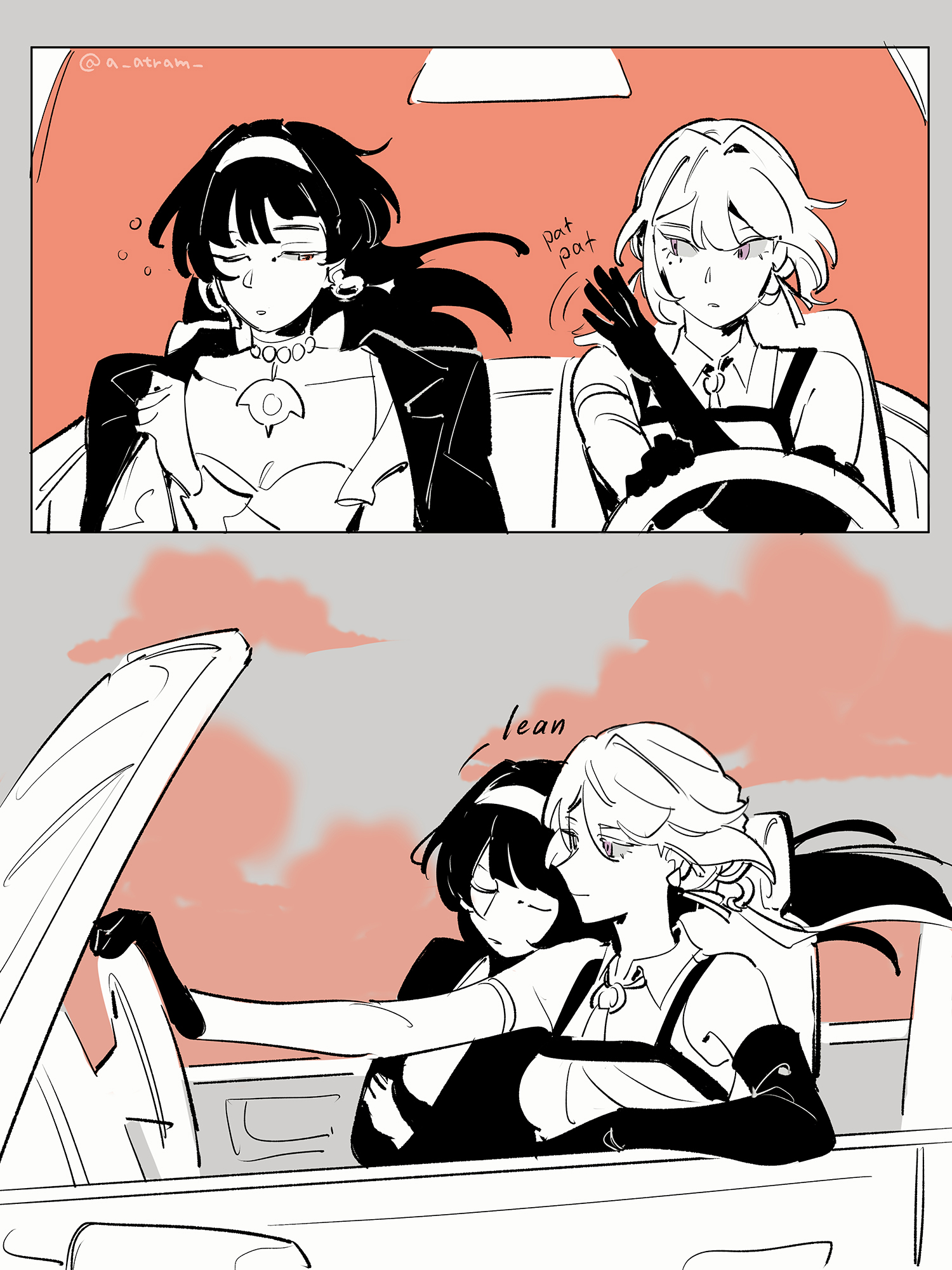 atram, astra yao, evelyn chevalier, zenless zone zero, commentary, english commentary, highres, 2girls, car, cloud, collared shirt, dress, driving, elbow gloves, gloves, hairband, head on another's shoulder, jacket, long hair, motor vehicle, multiple girls, parted lips, partially colored, purple eyes, shirt, sleepy, smile, steering wheel, yuri